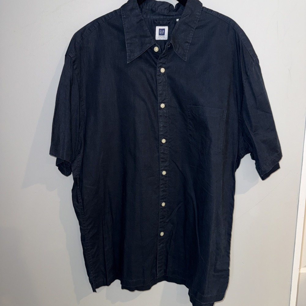 Gap Linen Cotton Blend Button Down Shirt Short Sleeve Navy Blue XL